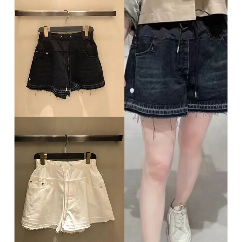 Niche 2024 new solid color high waist drawstring raw edge stitching denim shorts women