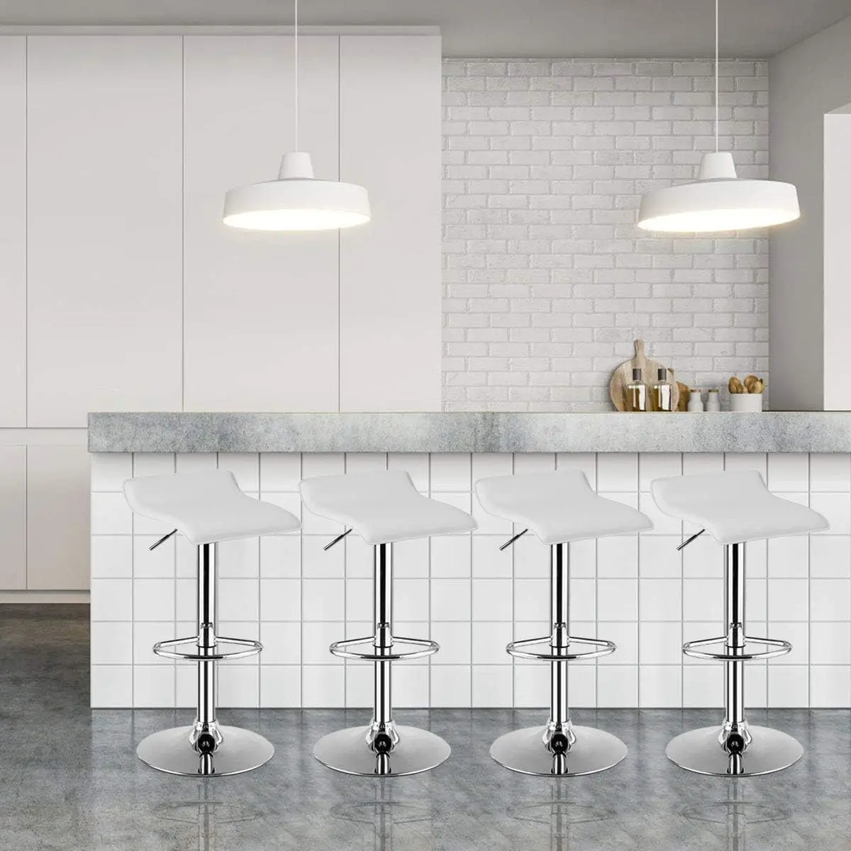 Bar Stools Set of 4, Modern Swivel Contemporary barstools with Adjustable Height, Footrests, Chrome Hydraulic PU Leather Backless Bar Chairs for Kitchen Island Cafe Pub, White