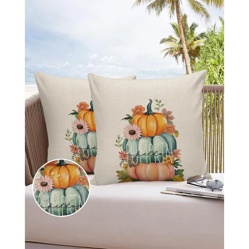 Outdoor Pillow Cover Waterproof Design 24x24 inches Thanksgiving Pumpkin Autumn Plant Decoration Retro Linen Material