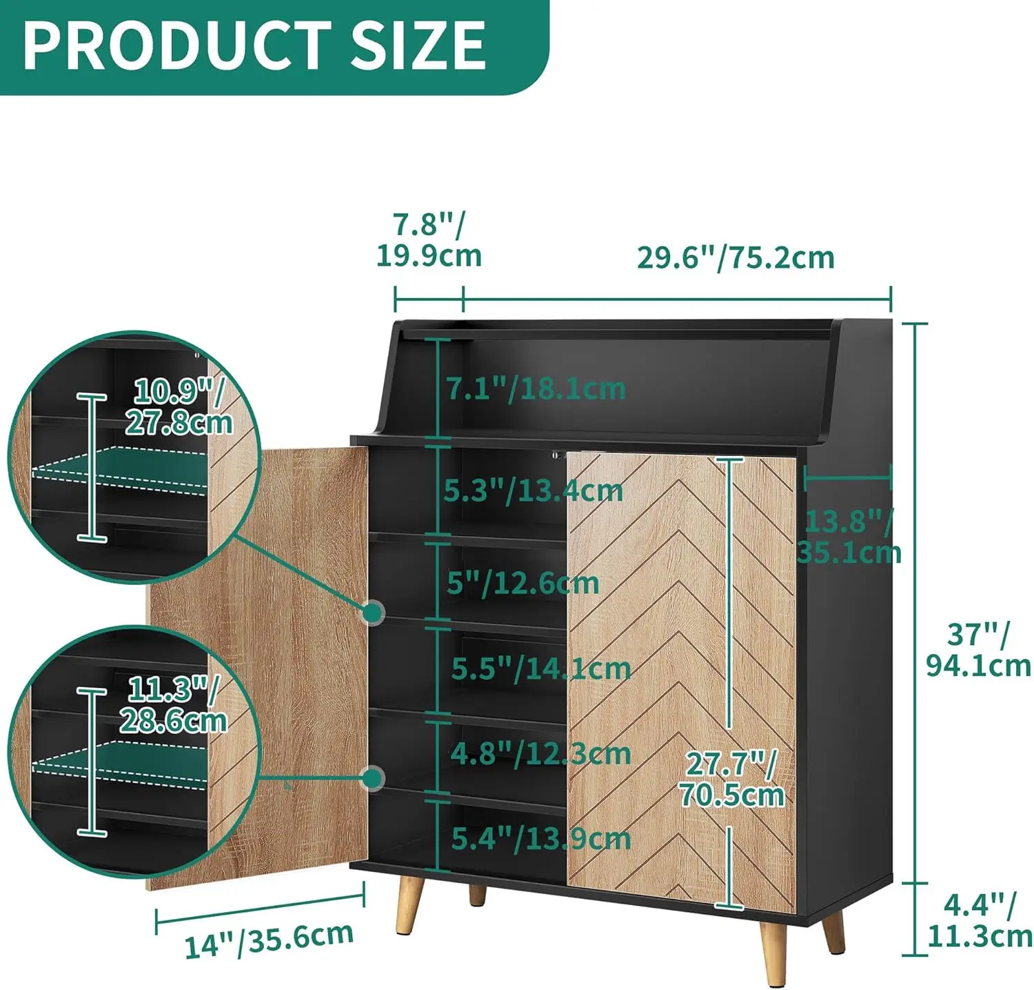 Shoe Cabinet with Doors, 5-Tier Shoe Storage Cabinet with Open Shelves, Large Capacity Wooden Shoes Rack Organizer with Pine Woo