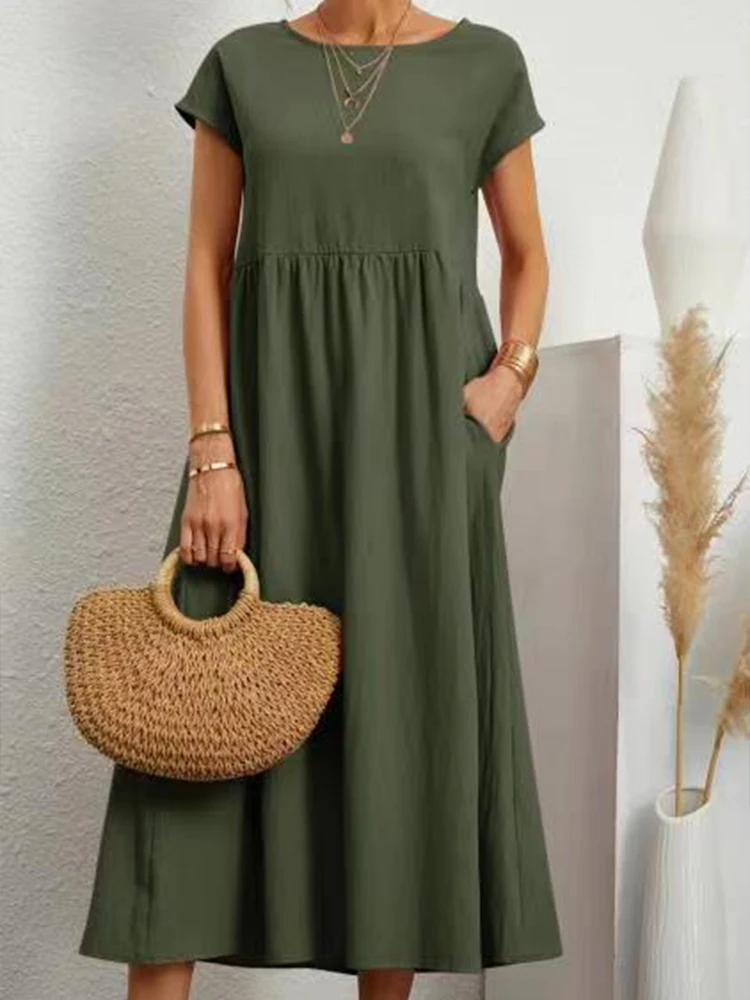 Boho Cotton Long Dresses Women Summer Casual Loose Short Sleeve Dresses Elegant Fashion Solid Color Beach Sundress With Pockets