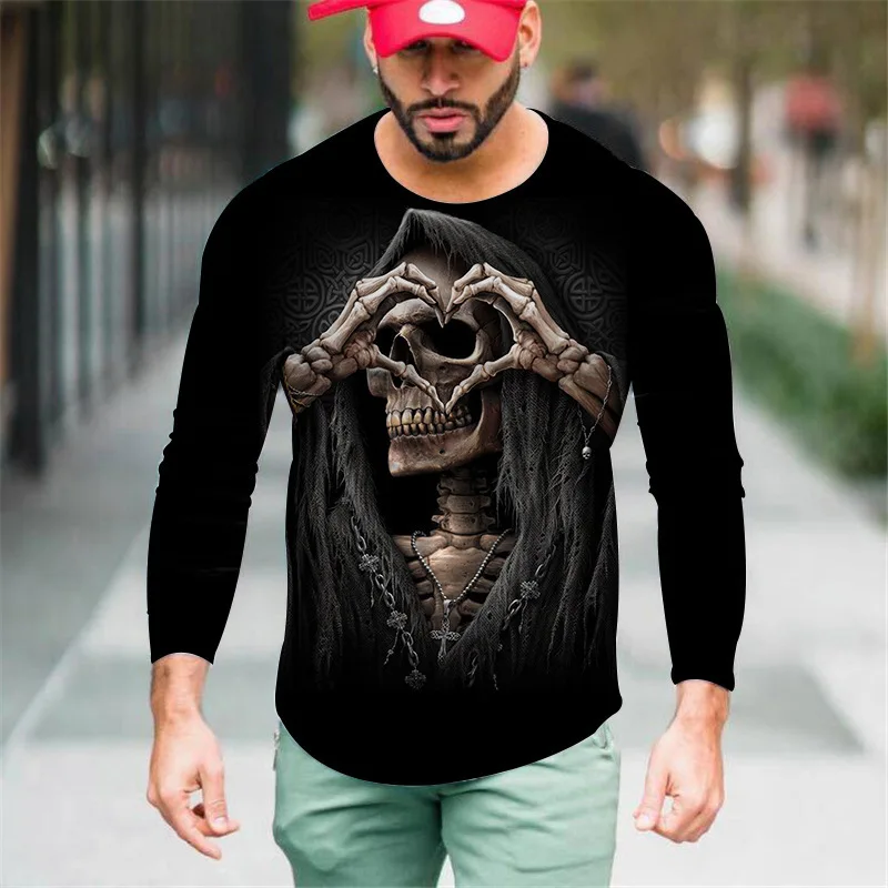 New Halloween 3D horror themed skull series printed graphic t shirts casual O-neck long sleeved Men T-shirts street y2k tops