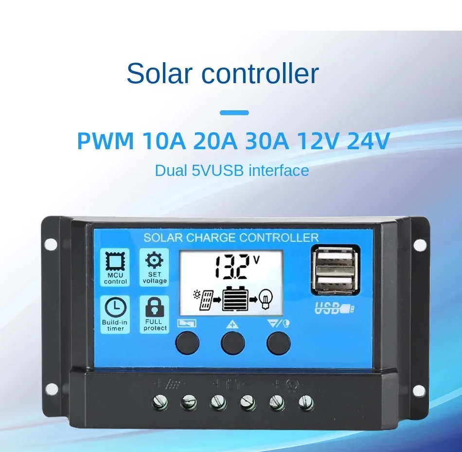 Daxtromn Solar Charge Controller 12V 24V PWM 30A 20A 10A Solar Panel Battery Regulator LCD Display Dual USB 5V Output