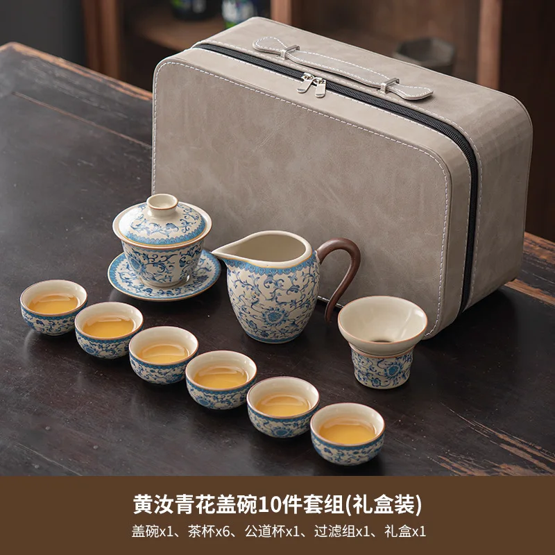 

Blue and White Ru Kiln Travel Tea Set Portable Kung Fu Tea Set Gift Box Outdoor Ceramic Gaiwan Teapot Teacup