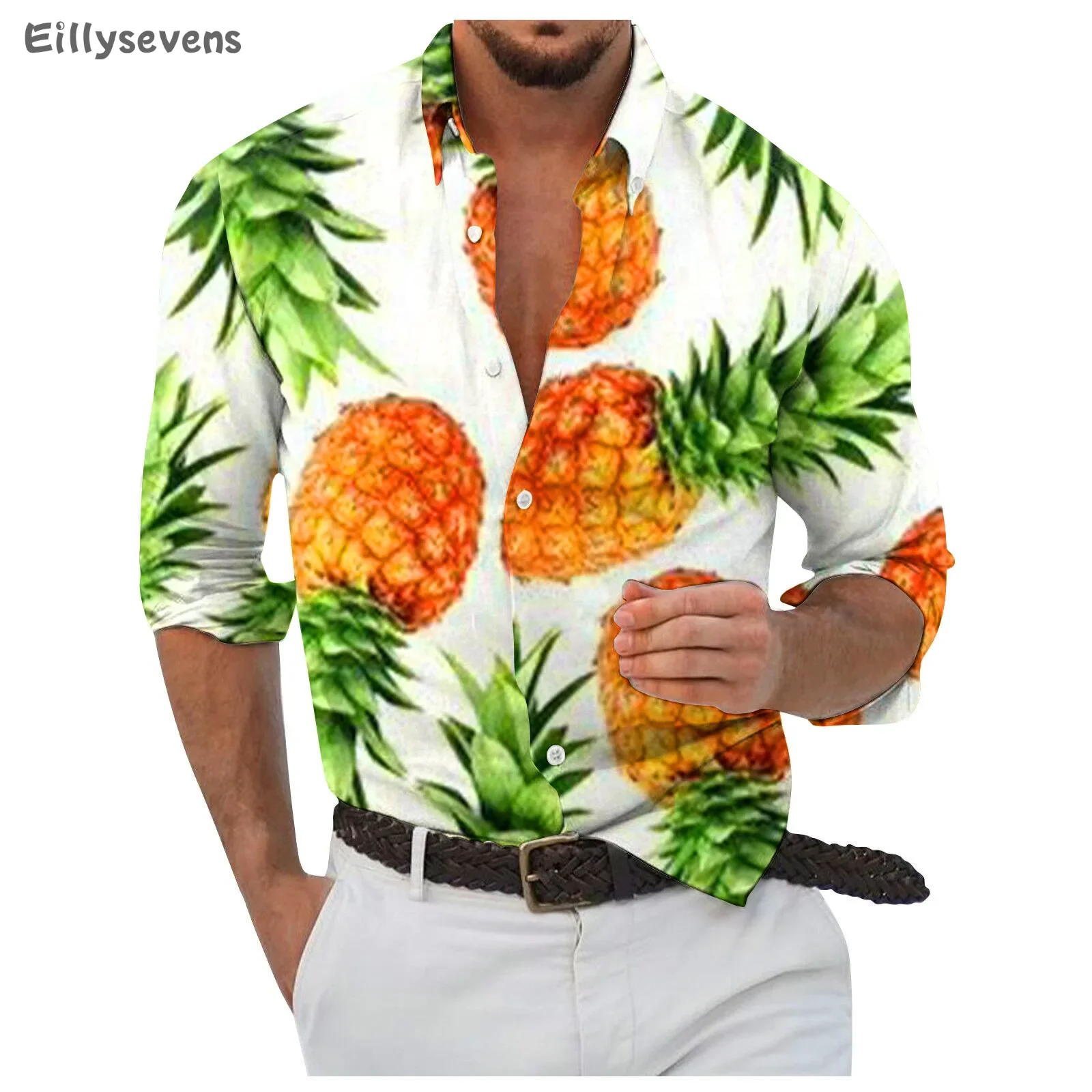 

pineapple print shirt for men Designer Spring Summer Men's Casual 3D Halloween Hawaii top Blouse Long Sleeve Shirts ropa hombre