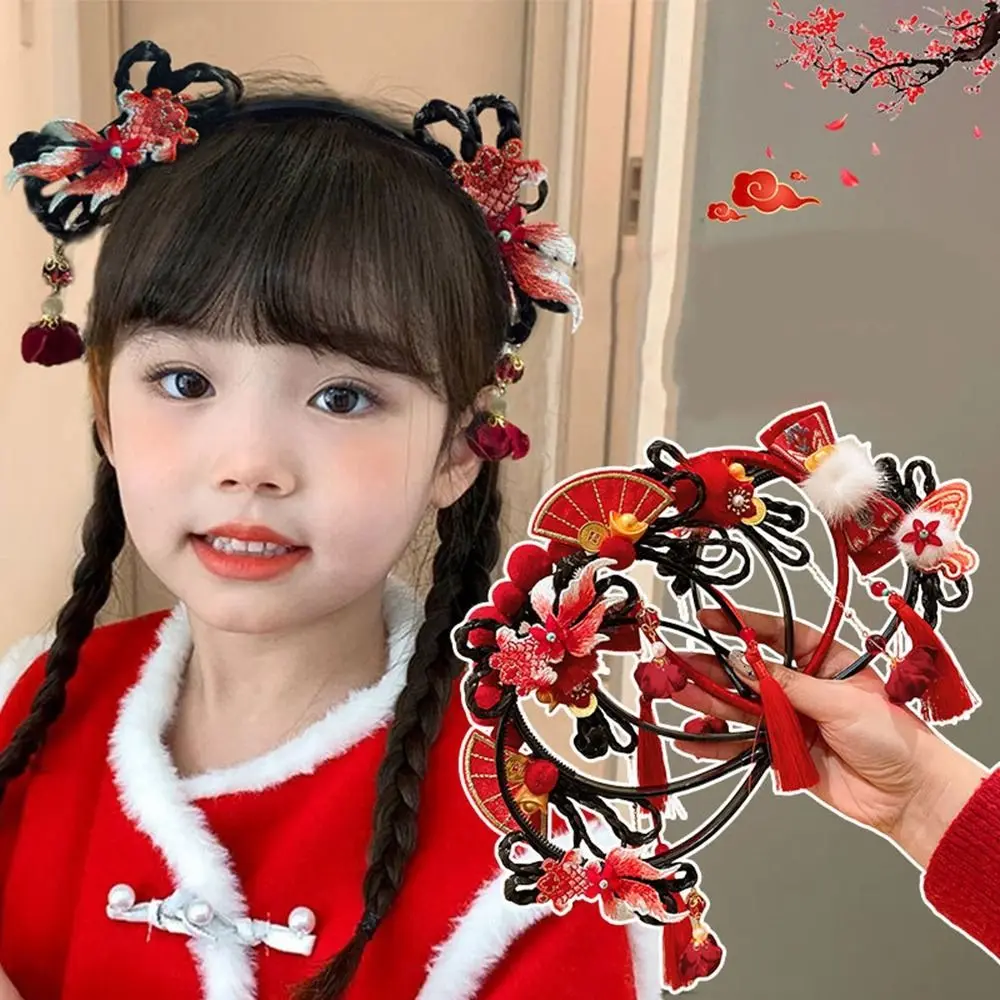 

Sweet Flower Children Wig Headband Tassel Tang Suit Hair Hoop Hanfu Hair Sticks Braid Hair Red Bow Hairband Girls