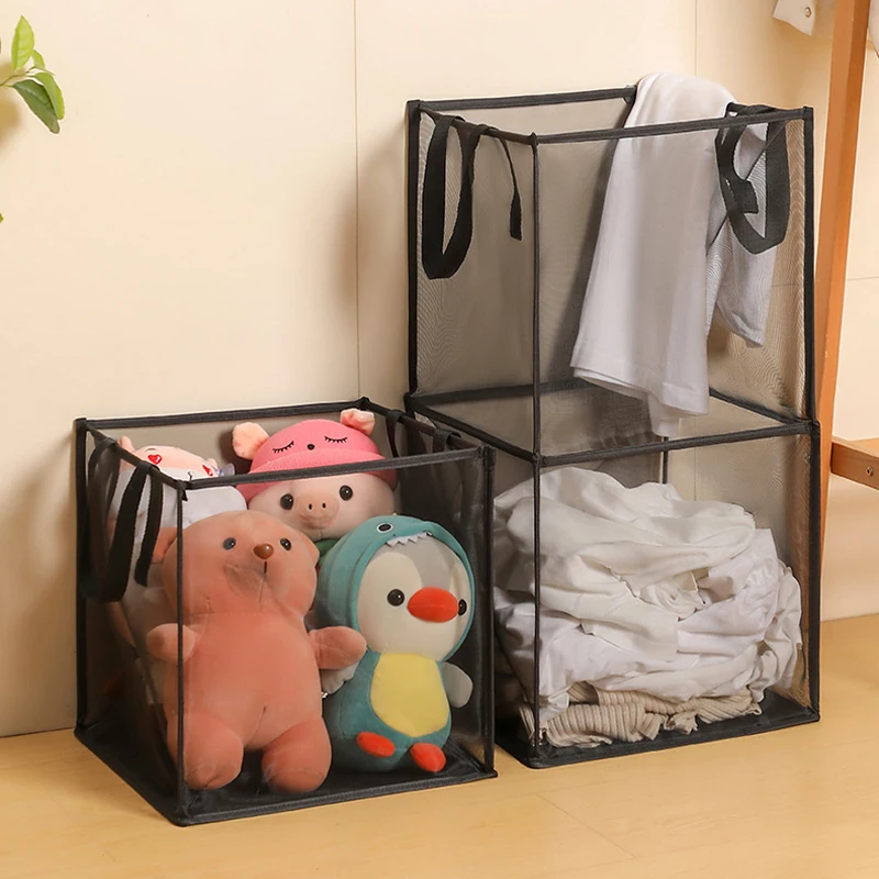 1 قطعة سلة الغسيل ذات المقصورة المزدوجة ، منظم لعبة شبكي ذو سعة كبيرة مع مقابض للمنزل ، سلال تخزين الملابس القابلة للطي #2