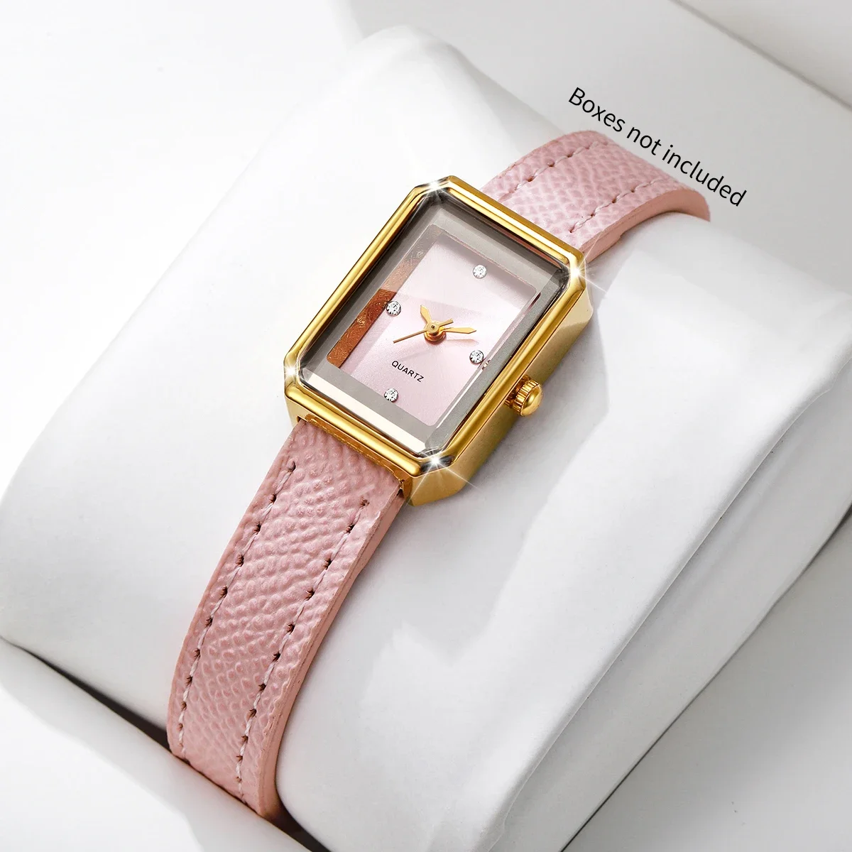 Fashion Rectangle Women Quartz Watch Rhinestone Pink Leather Strap Ladies Dress Wristwatches Relogio Feminino（Without Box）