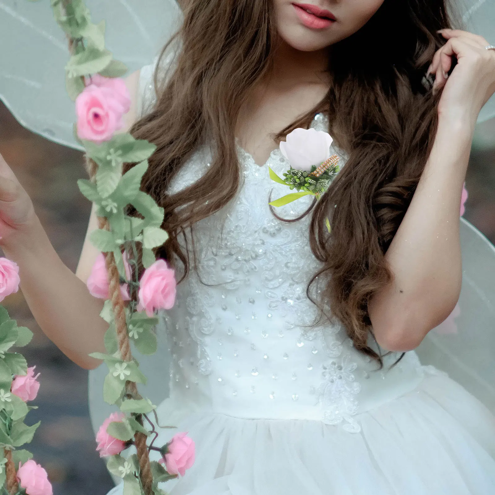 6Pcs Wedding Corsage Set Rhinestone Decorated Boutonniere Artificial Flower Chest Pin for Bridal Party Banquet Decoration