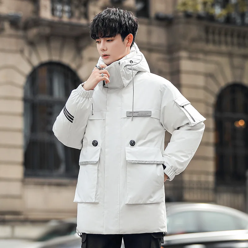 Winter White Duck Down Printed Down Jacket Men\'s Medium and Long Thick Warm Loose Northern Cold-proof Hooded Work Coat