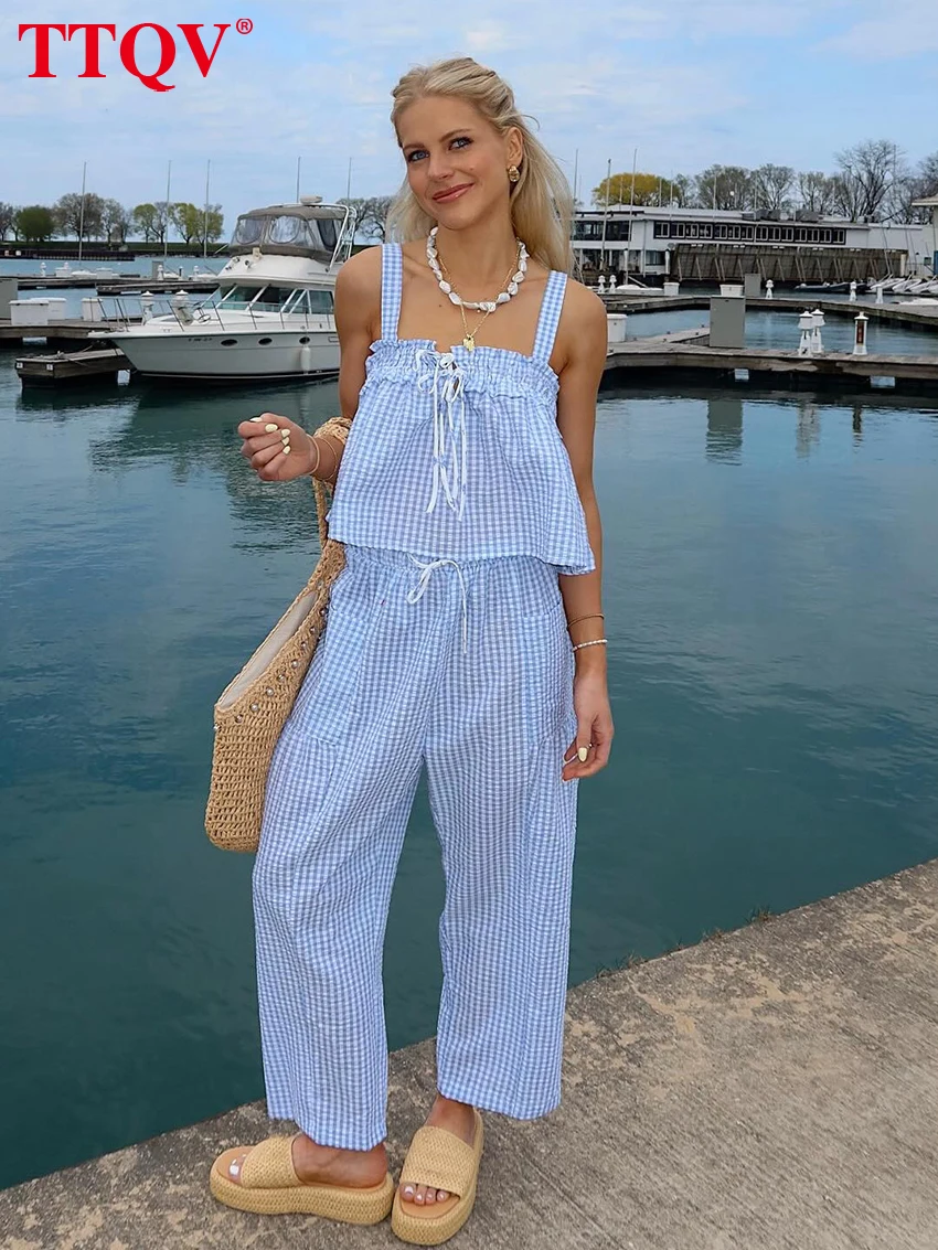 

TTQV Summer Loose Blue Plaid Women's Two Pieces Set 2026 Fashion Sleeveless Tank Top With High Waist Wide Pants Set Female