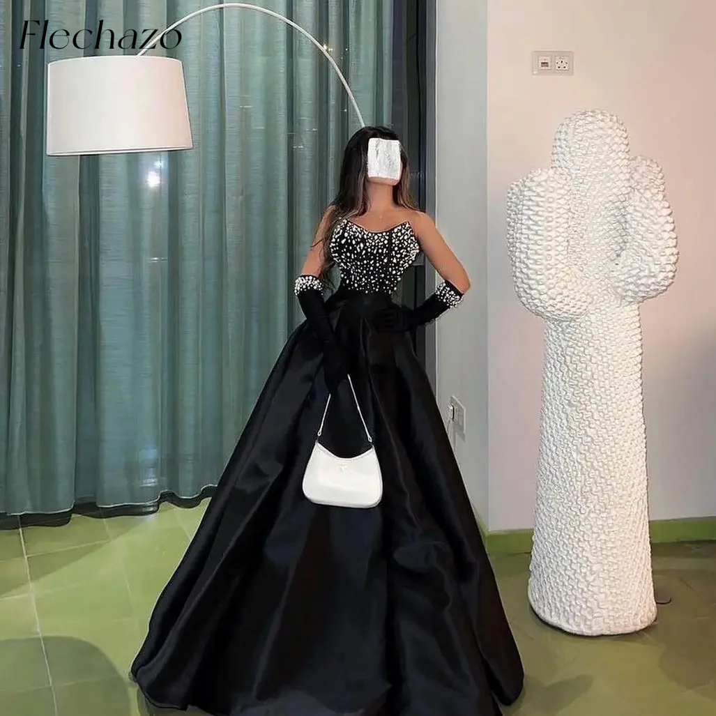 Flechazo Strapless Black Prom Pearls Beading Elegant Sleeveless Formal Occassion Dress For Women 2024 فساتين سهره فاخره