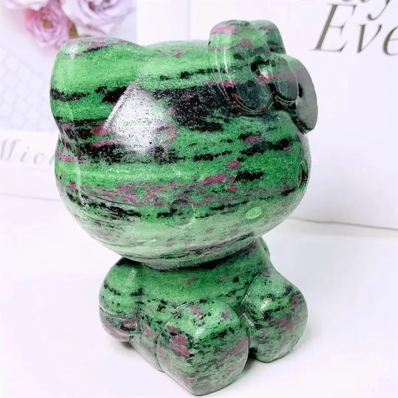 

Natural Ruby In Zoisite Cartoon KT Cat Cute Animal Crystal Carving Healthy Children Toy Healing Home Decoration Gift 1PCS