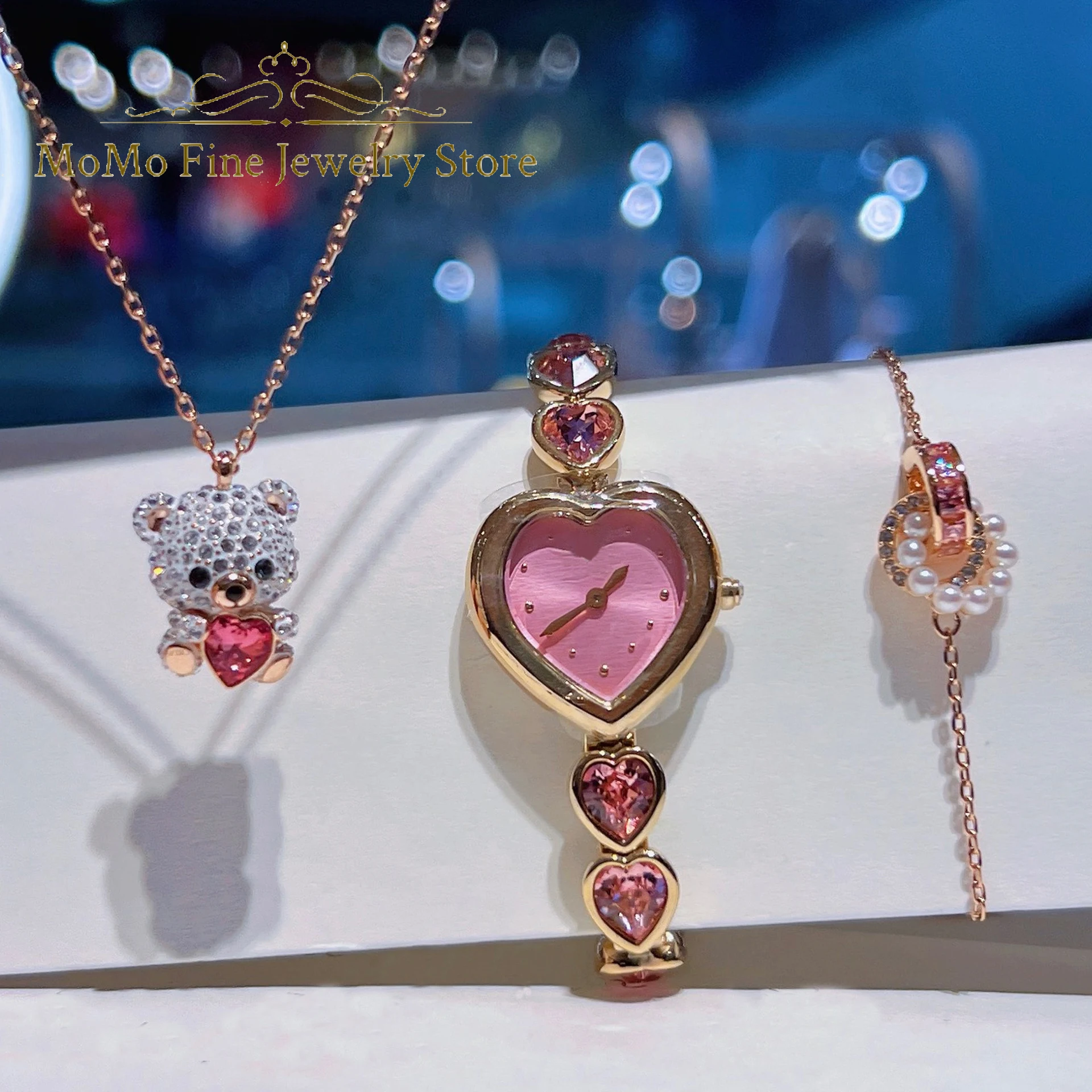 

2026 New Designer Jewelry Set Charming Pink Bear Geometric Crystal Pendant Luxury Necklace Earrings for Women's Anniversary Gift