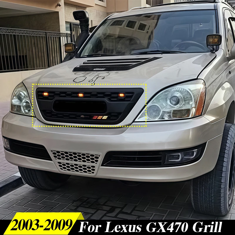 

Front Grille Fits For 2003-2009 Lexus GX470 Black Grill With 3 LED Lights