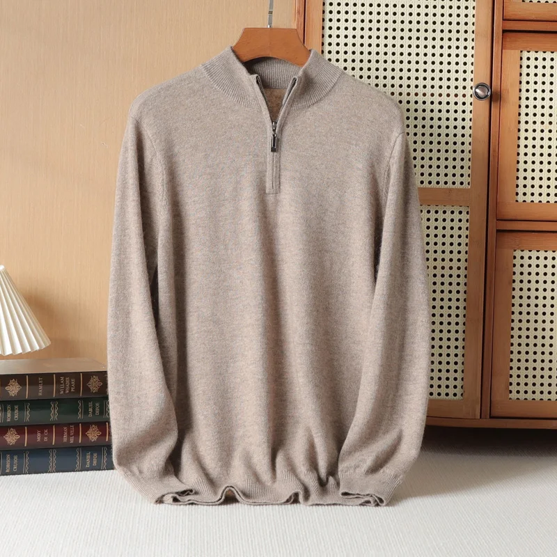 Autumn And Winter Cashmere Sweater Men's Semi-Turtleneck Solid Color Sweater Semi-Zipper Loose Knitted Wool Bottoming Shirt Top