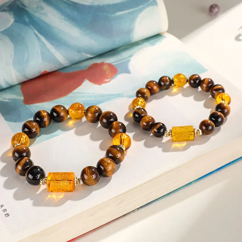 Snqp 10mm 12mm Natural Yellow Tiger Eye Stone Beaded Bracelet Chinese Style Wealth God Lucky Couple Bracelet Fortune Attracting