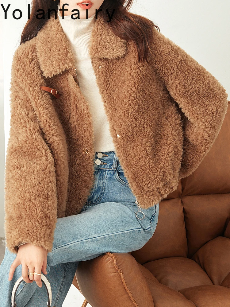 YOLANFAIRY 100% Wool Real Fur Coat Women Winter 2024 Short Jackets Teddy Color Lamb Womens Clothes Shearing Natural Coats