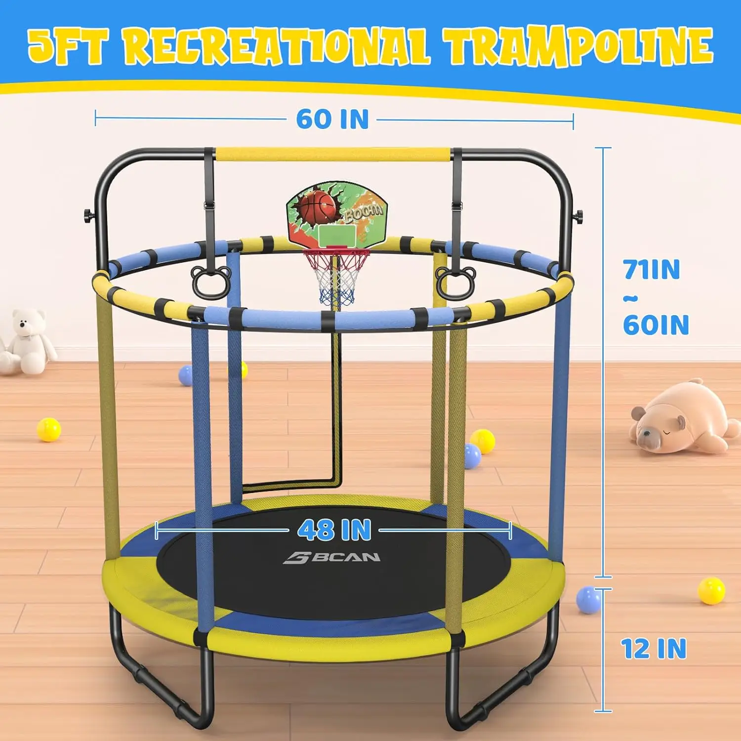 Mini trampolim para crianças de 1 a 8 anos, trampolim infantil de 5 pés - uso interno/externo com rede de cerco, alça de espuma, academia ajustável