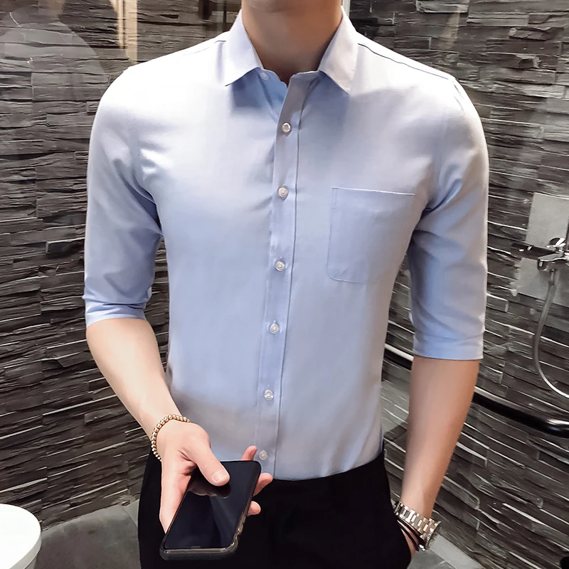 Korean Fashion 3/4 Sleeve Oxford Shirts Men Clothing Chest Pocket Slim Fit Casual Blouse Homme