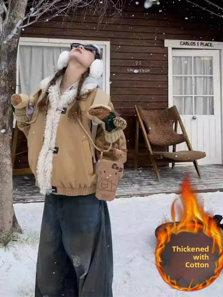 

Thiened ort American Sle Retro Suede Lamb Fur Cotton Jaet Women's Winter Coat Warm Casual Commute Korean Version