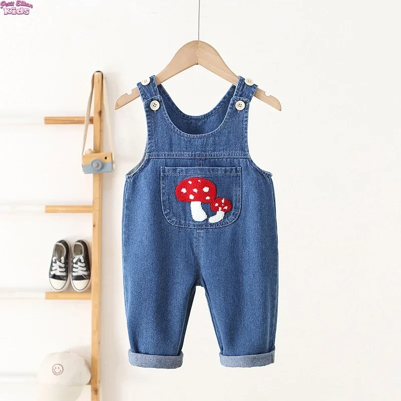 

Toddler Girl 0-4Y Cotton Denim Girls Kids Jeans Overalls Mushroom Embroidery Adjustable Straps Soft Baby Girls Casual Daily Wear