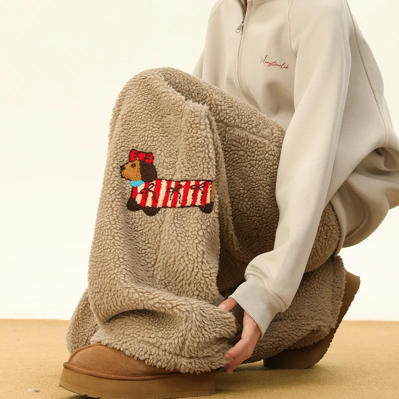 

Autumn Winter Large Size Khaki Embroidered Lamb Fur Cotton Pants Women's Warm Cold Resistant Loose Casual Trousers