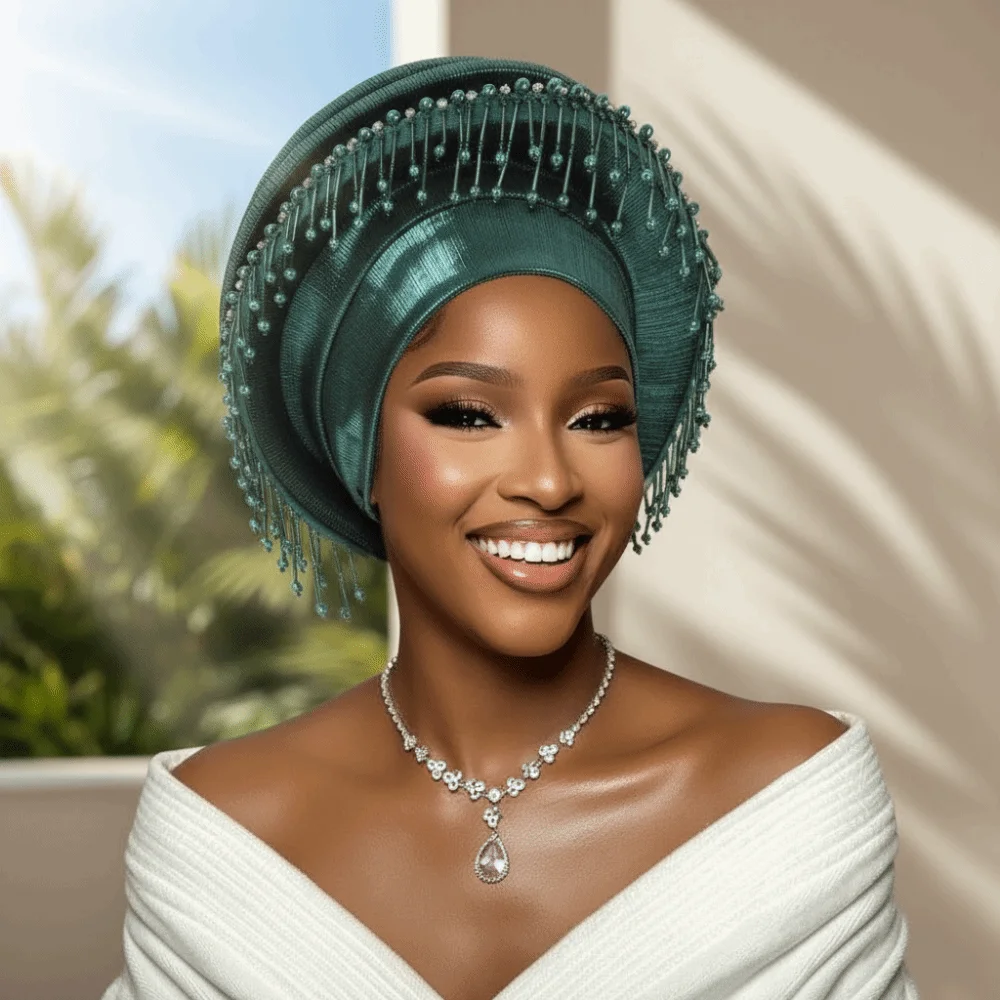 

Ceremony Headpiece Structured Auto Gele Layered Pre-tied Beaded Headtie Tasseled Metallic African Turban Festive Banquet