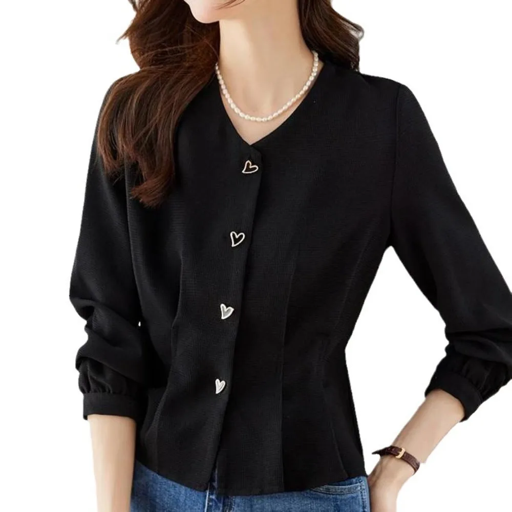 

Chic Solid Color Button Up Shirts Heart Pleated Black Blouse Women All Match Streetwear Long Sleeve Overshirts Female