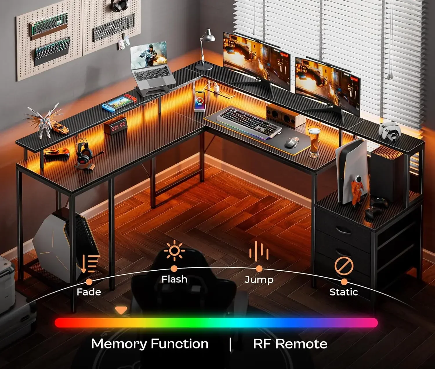 Mesa para jogos em forma de L com luzes LED e tomadas elétricas, mesa para computador com gavetas