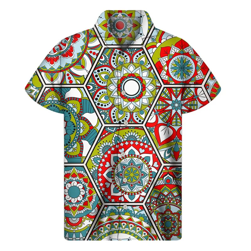 Mandala Floral Bohemian Hawaiian Shirt Men Women Oversized Short Sleeves Tees 3d Printed Ethnic Shirts Button Lapel Blouse