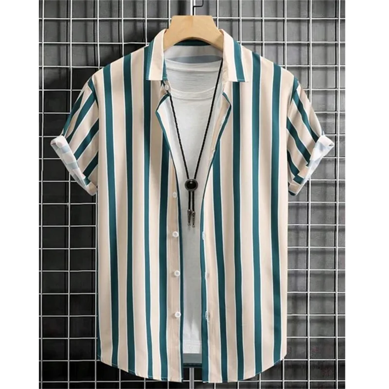 Stripe Pattern Hawaiian Shirt For Men Color Block 3D Printed Blouse Short Sleeve Streetwear Oversize Lapel Tops Aloha Shirts