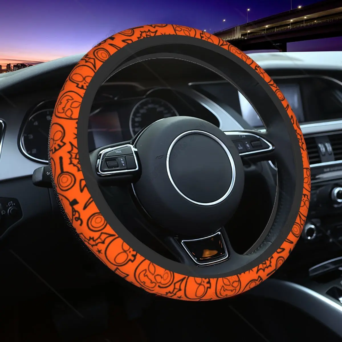 Orange Halloween Car Steering Wheel Cover 37-38 Elastic Pumpkin Ghost Steering Wheel Protective Cover Interior Accessories