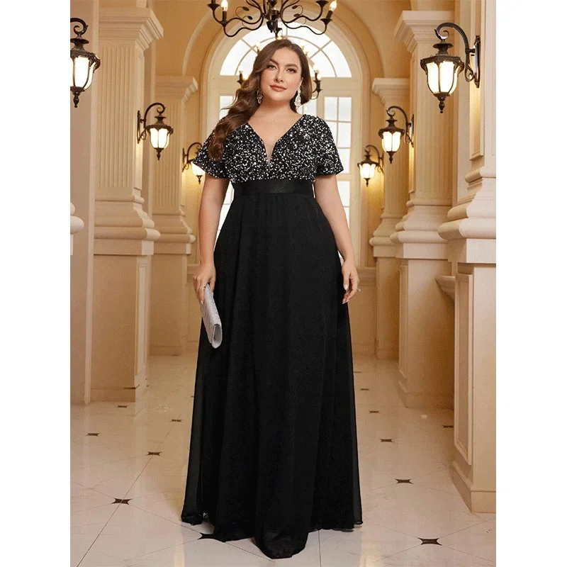 Plus Size Banquet Women\'s Chiffon Evening Dress Elegant V-neck Short Sleeve Black Silver Sequins Women\'s Prom Dresses 4XL 5XL