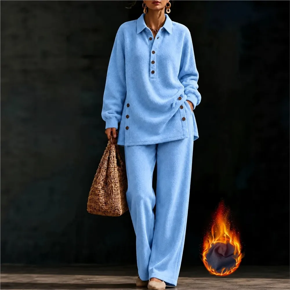 Women's Thick Warm Fleece 2 Piece Outfit Lapel Long Sleeve Side Buttons Blouse High Waist Wide Leg Pants Casual Home Track Suit view 2