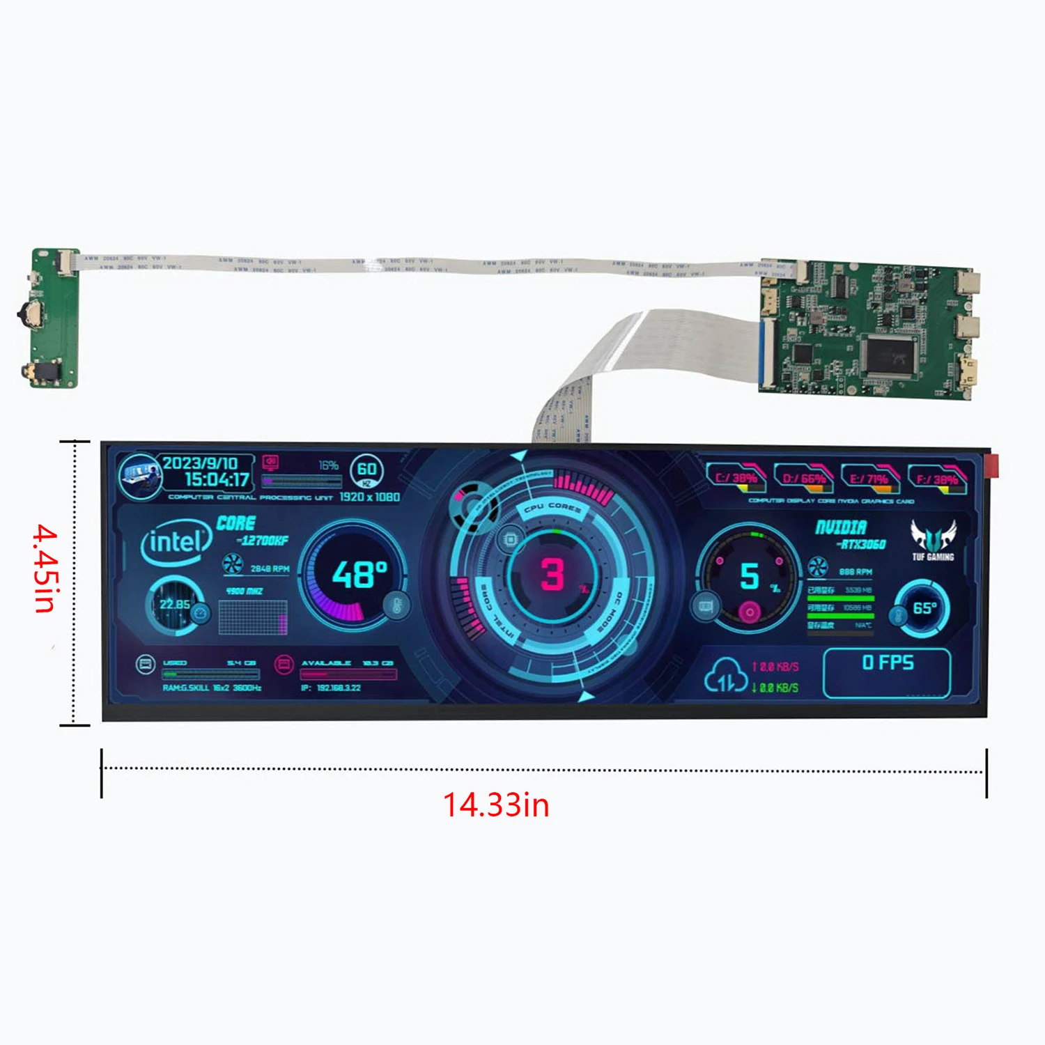 14.5 Inch 32:9 Ultra Wide Strip IPS Touch Monitor 2560×720 10-Point Capacitive Touch AIDA64 Hardware Monitoring Screen Type-C Mini HD Dual Port PC Case DIY Industrial Embedded Display