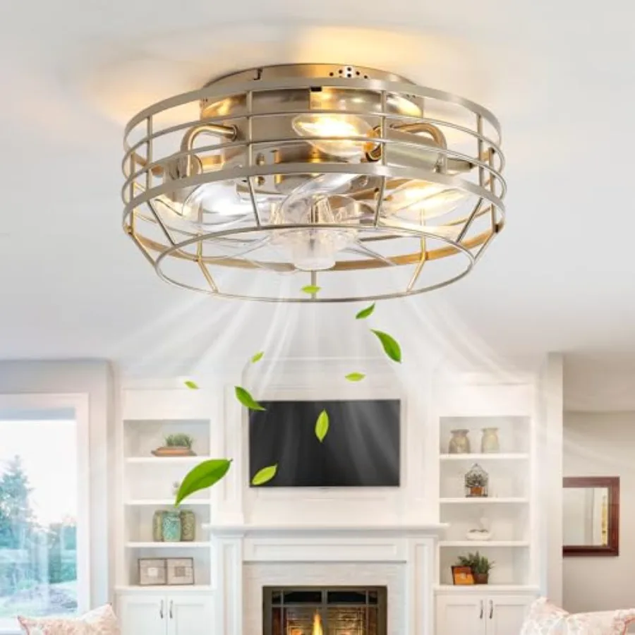 Caged Ceiling Fan with Light and Remote, Flush Mount Fan Lights Ceiling Fixture, Modern Bladeless 12 in 6 Speeds Fans with Ligh
