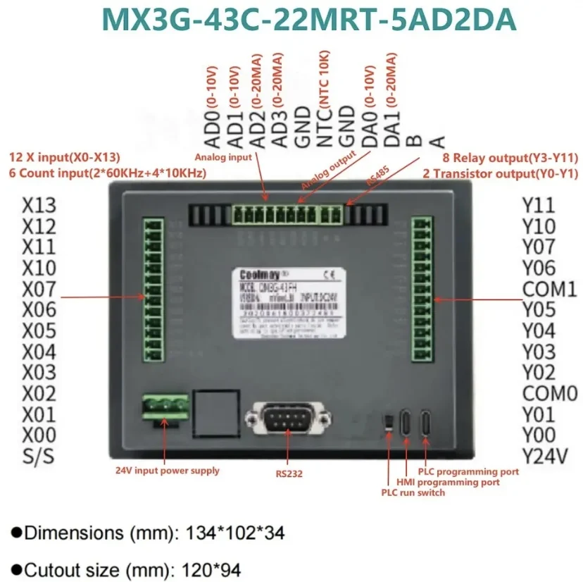 Imagem -03 - Coolmay-plc Hmi Tudo-em-um com Saída de Entrada Analógica Embutida Suporta Modbus Rtu Rs485 Rs232 Mx3g43c Série 70c Ad2da Polegadas Original