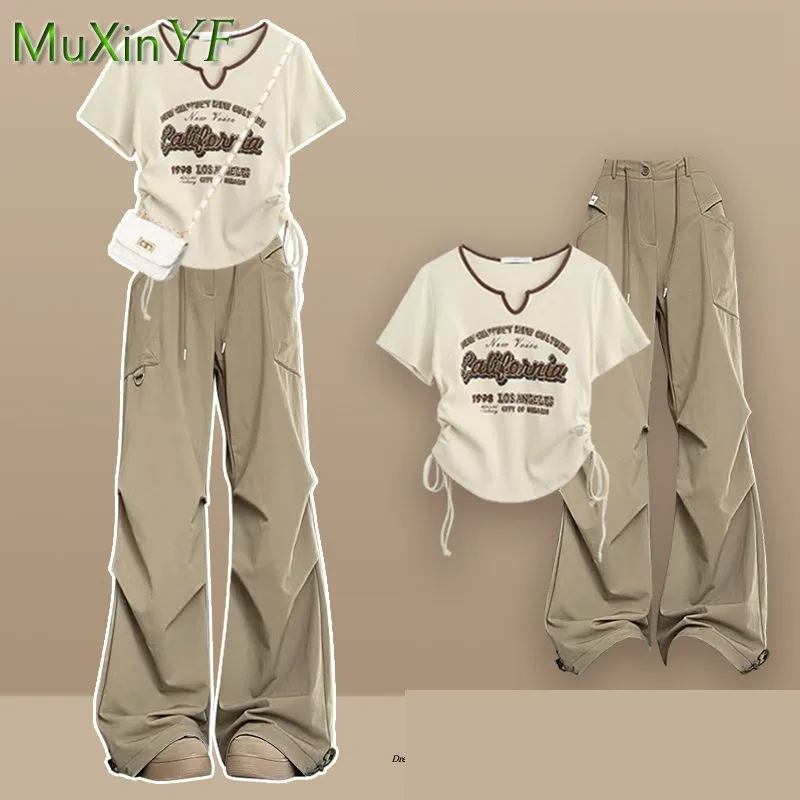 Women's Summer New Casual Tracksuit Matching Set 2025 Korean Elegant Printed Short Sleeved Top+work Pants Two-piece Female Suit