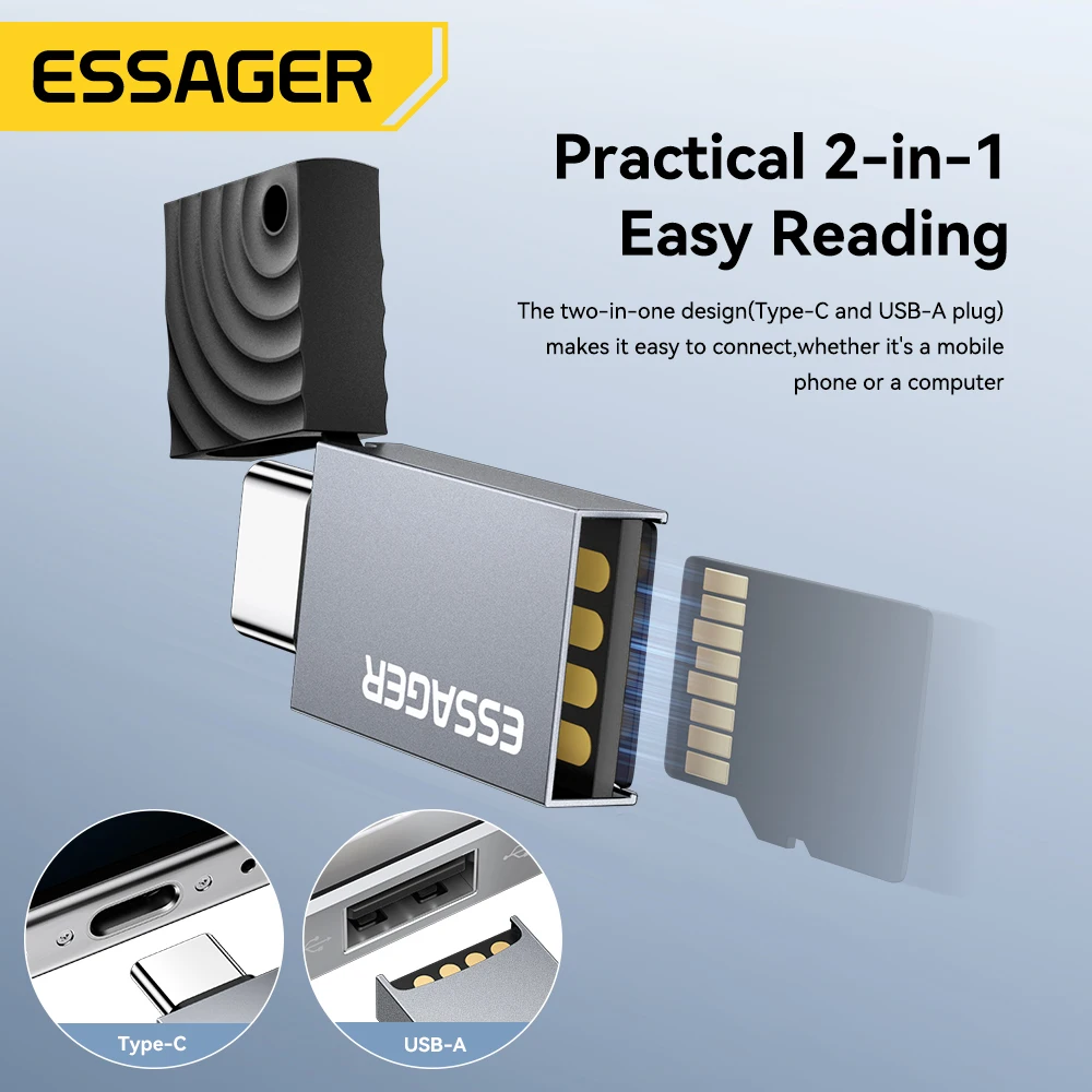 Essager 2-in-1 Mini Type C USB2.0 Card Reader Adapter Micro SD TF Memory Card Reader for iPhone 16 15 Pro Huawei Macbook iPad