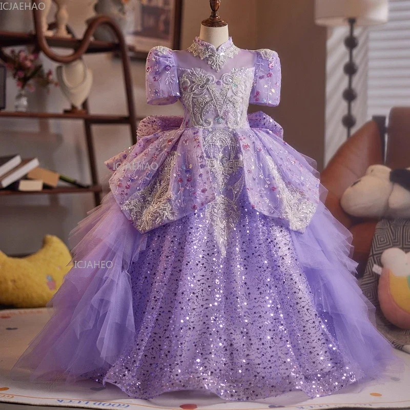 Purple Flower Girl Dress Children Girls Wedding Party Gown Birthday Recital Performance Princess Pageant Formal Dresses Costumes