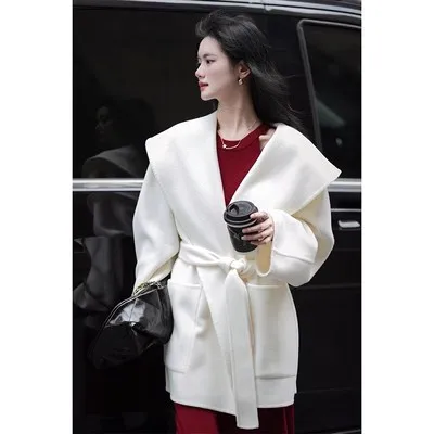 High Quality Women Woolen Jacket Double-sided Bathrobe Pattern White Black Grey Cashmere Wool Coat Lace Up For Autumn Spring S