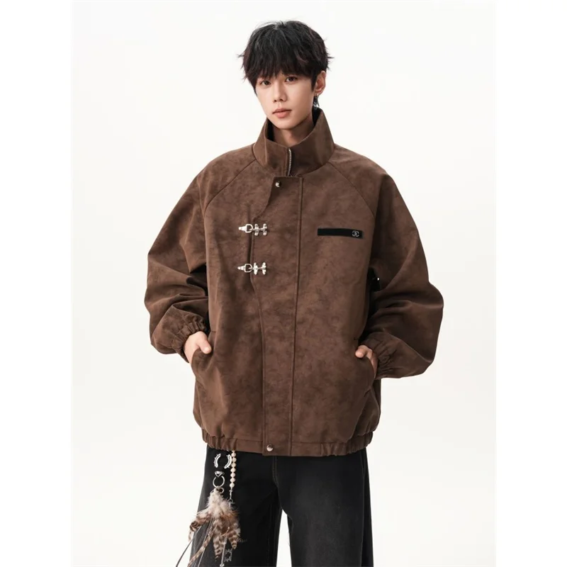 

Мужская куртка из искусственной кожи в американском уличном стиле, свободного кроя, с воротником-стойкой, на пуговицах, в ретро-стиле, осенне-зимнее пальто