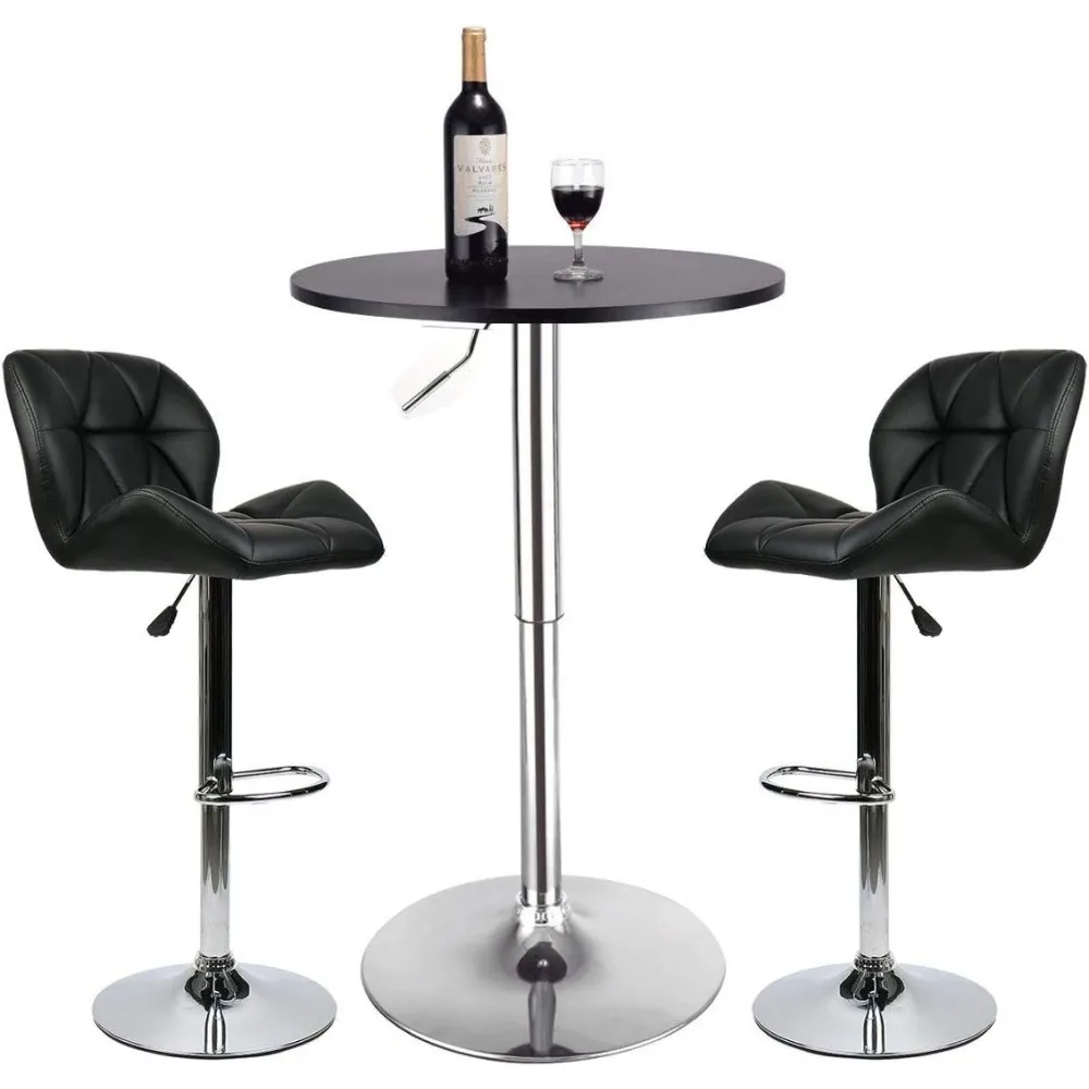 Bartafel en stoelen Zwart in hoogte verstelbaar rond pubbureau en 2 zwarte draaibare barkrukken op tegenhoogte voor eetkamer