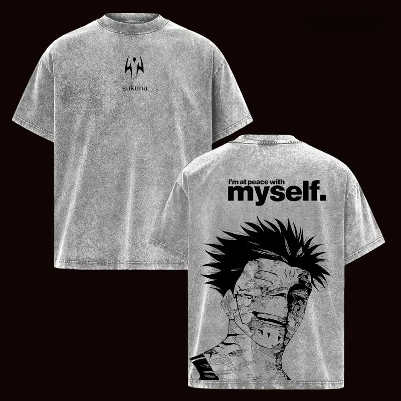 Ryomen Sukuna Printed Tee Anime Jujutsu Kaisen Clothing Men Women Retro Washed T-shirts Casual Tshirt Harajuku Cotton T Shirt