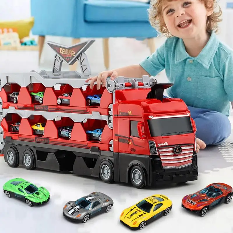 Car Storage And Transporter Toy Truck Foldable Double Race Track And Eject Car Double Layer Car And Foldable Storage Carrier