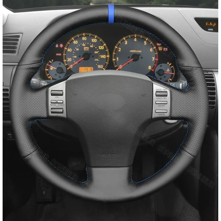 Black Leather Blue Marker Car Steering Wheel Cover for Nissan Skyline V35 2003-2006 Infiniti G35 2004 2005