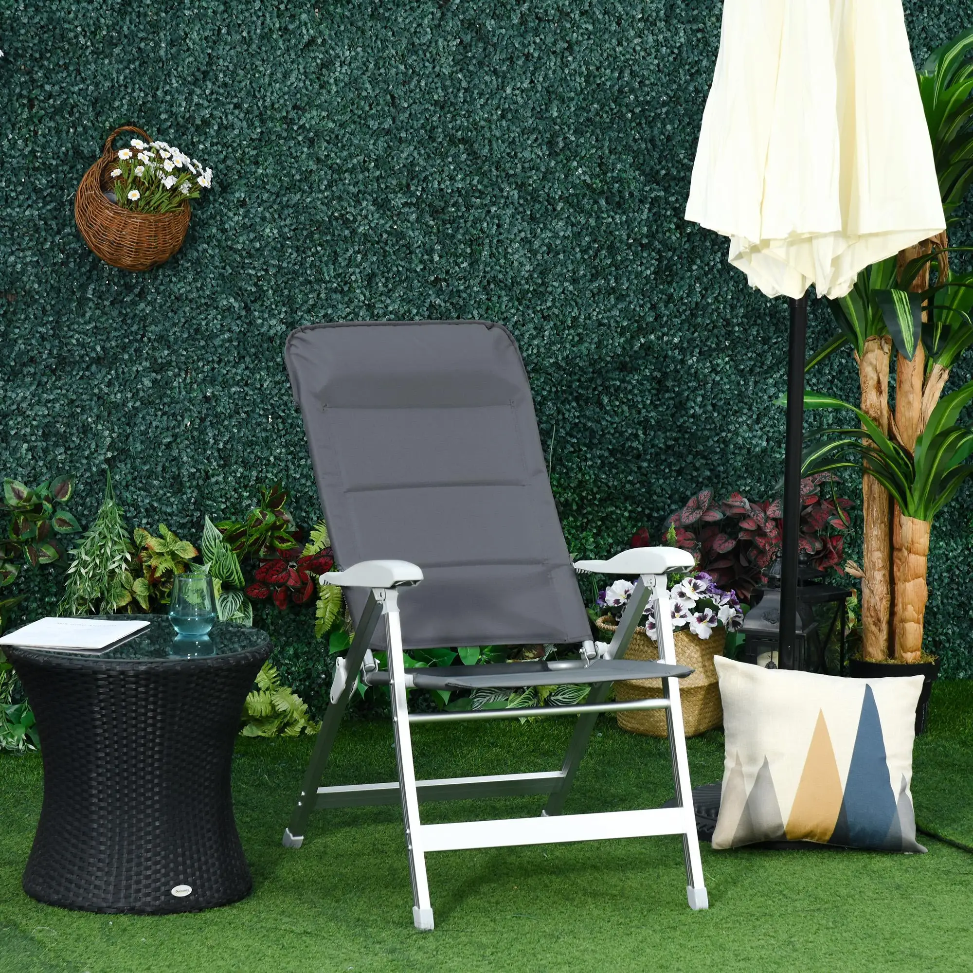 Silla de jardín plegable con respaldo ajustable en 7 posiciones, reposacabezas y reposabrazos, aluminio/oxford, 75x61,5x114,5 cm, gris