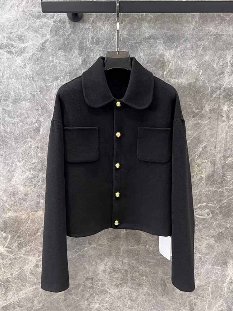 Vintage lapel side pocket single-breasted cashmere short coat 2024 autumn winter women's new fashion all-match straight jacket