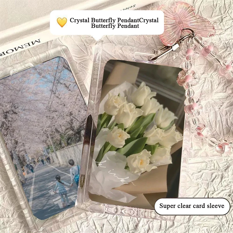 New Crystal Butterfly Pendant Card Holder Korean Version Ins Transparent Acrylic Card Cover Portable Student Campus Card Sleeve